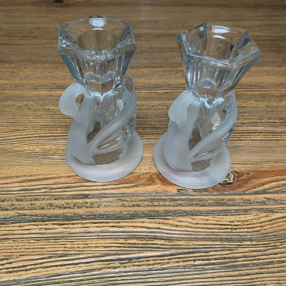 PartyLite Crystal Swan Pair Elegant Candle Holders NWOT